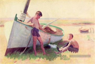  Thomas Art - Deux garçons par un bateau près de Cape May naturaliste Thomas Pollock Anshutz